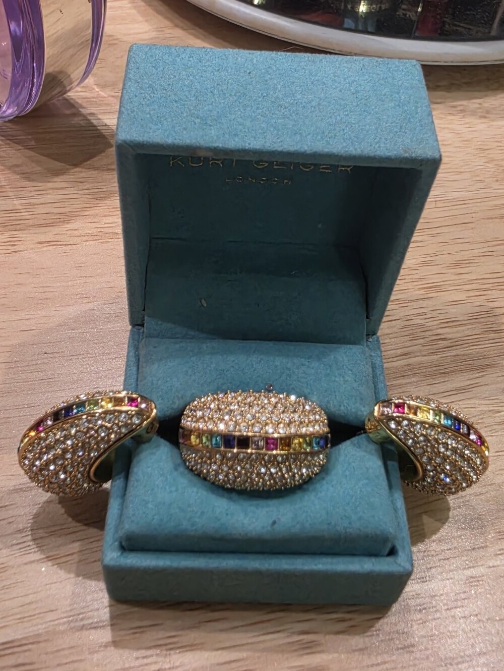 Beautiful Kurt Geiger Gold Multicolor Crystal Pavé Dome Ring and Earrings Set.